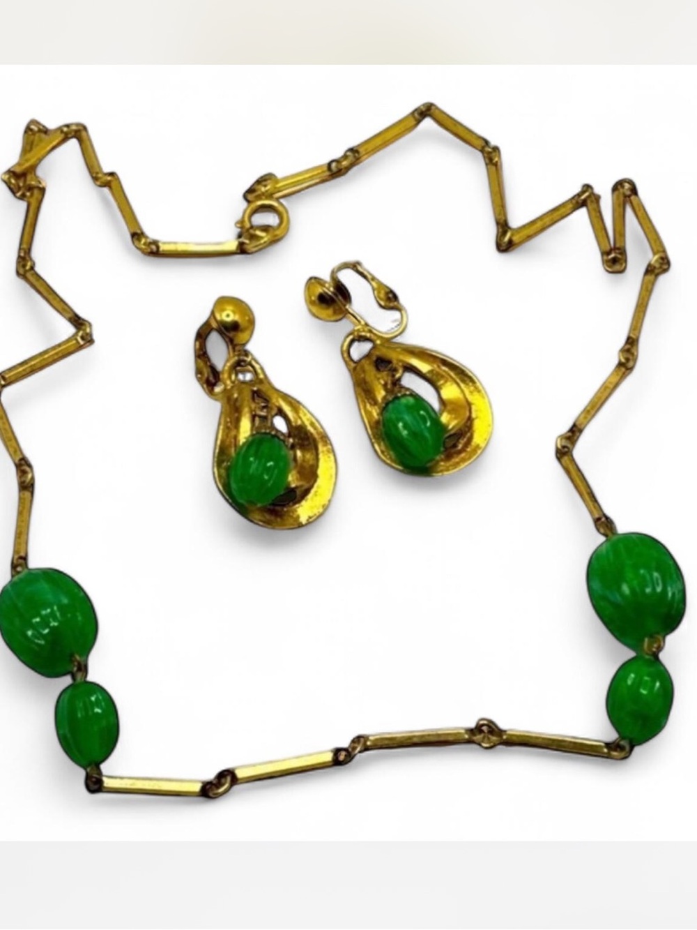Vintage Fluted Carved Bead Gold Tone Bar Link Necklace w/ Earrings